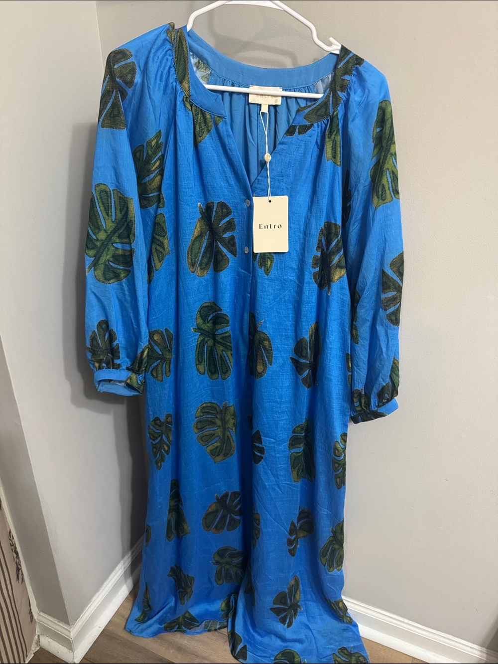entro Blue Maxi Dress with Green Leaf Print